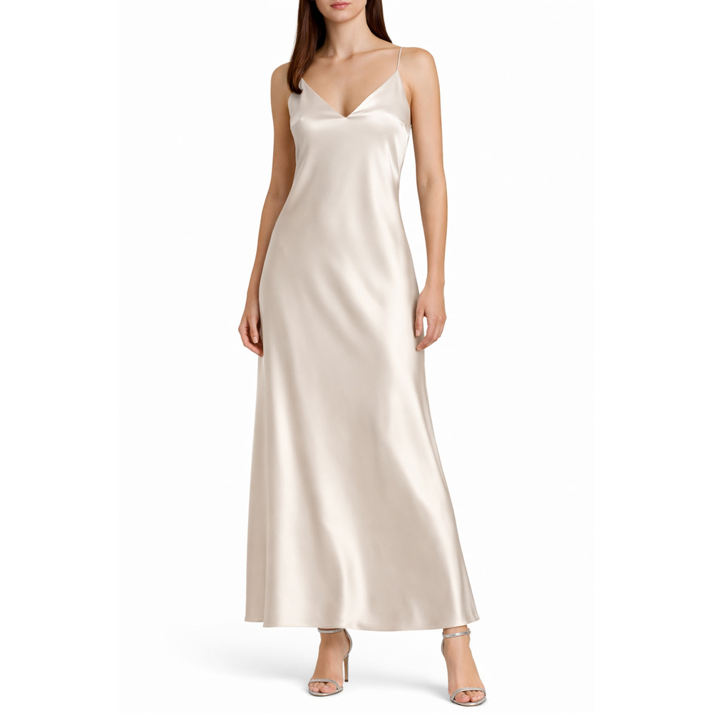 Zara Satin Slip Dress Size XL Champagne Gray Maxi Spaghetti Strap Elegant V-Neck